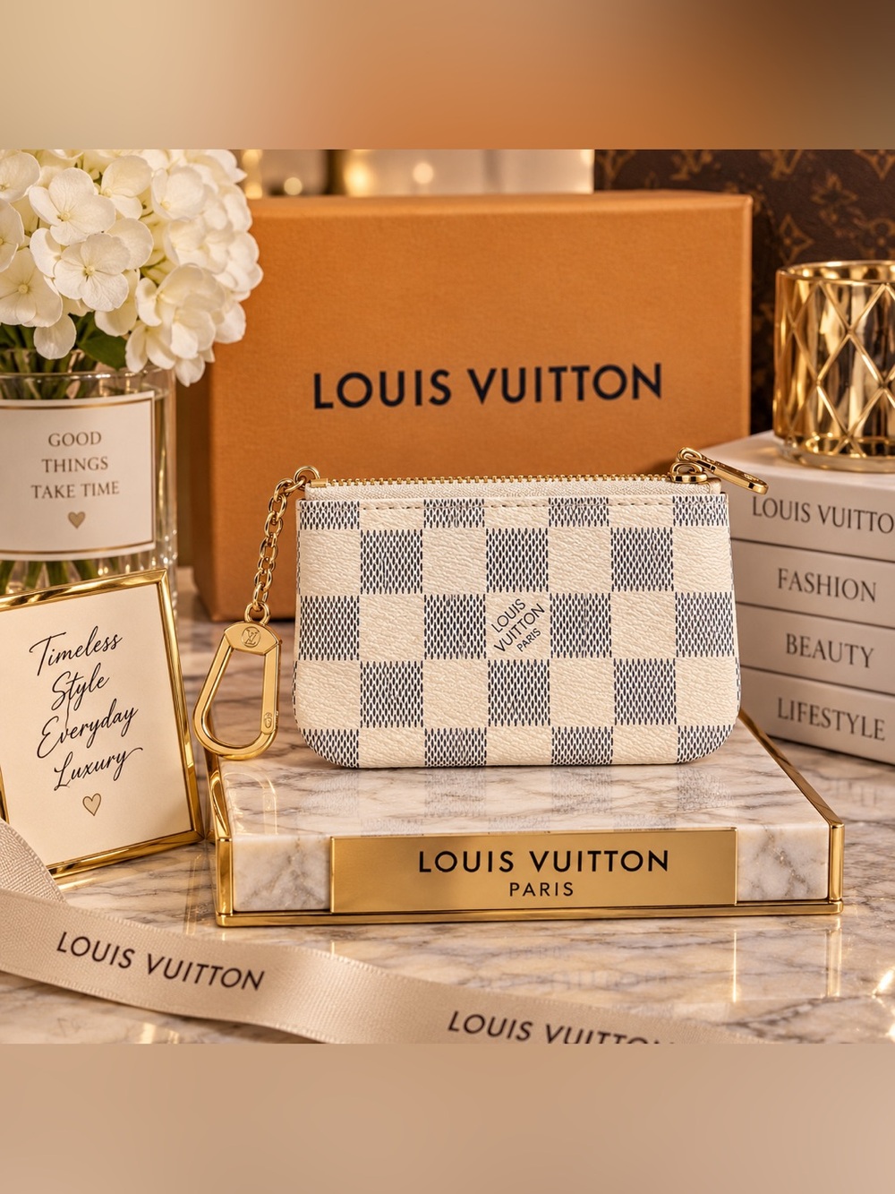White Checker Mini Key Pouch with Gold Chain